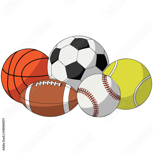 Assorted sporting equipment for various games isolated vector illustration on white background