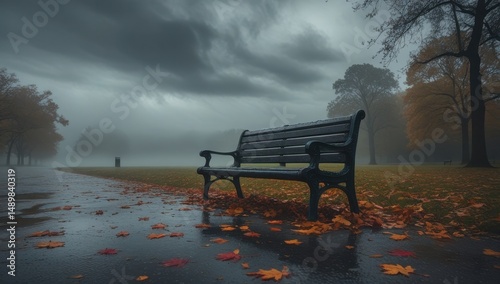 Empty park bench on a rainy autumn day with leaves scattered on wet pavement, set against a moody, misty background creating a peaceful yet melancholic atmosphere