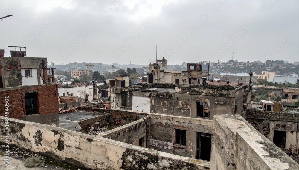 Obraz premium Expansive Rooftop View of Post-Apocalyptic Decaying Cityscape