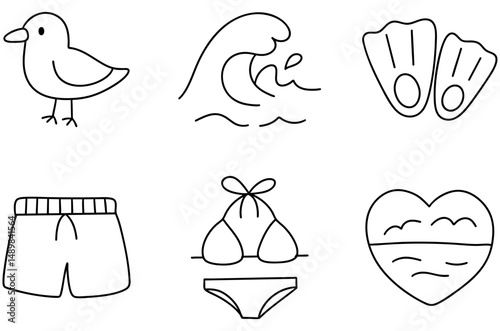 Delightful summer scene at beach features bird, waves, flippers, swim shorts, bikini, and heart shaped ocean view