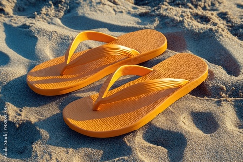 Bright orange flip-flops on sandy beach