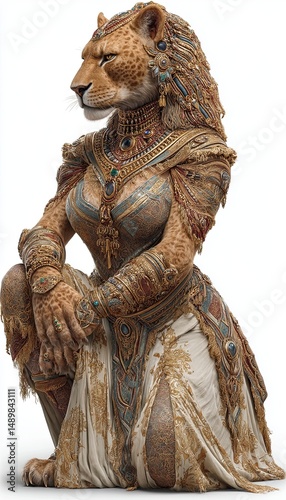 A Full figure of Ancient Egyptian anthropomorphic lion-woman, isolated on white background