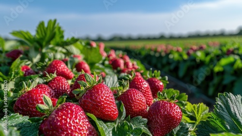 Bright red strawberries nestled among green leaves thrive under the warm sun in a picturesque rural field. Harvest season brings excitement as these berries reach peak ripeness