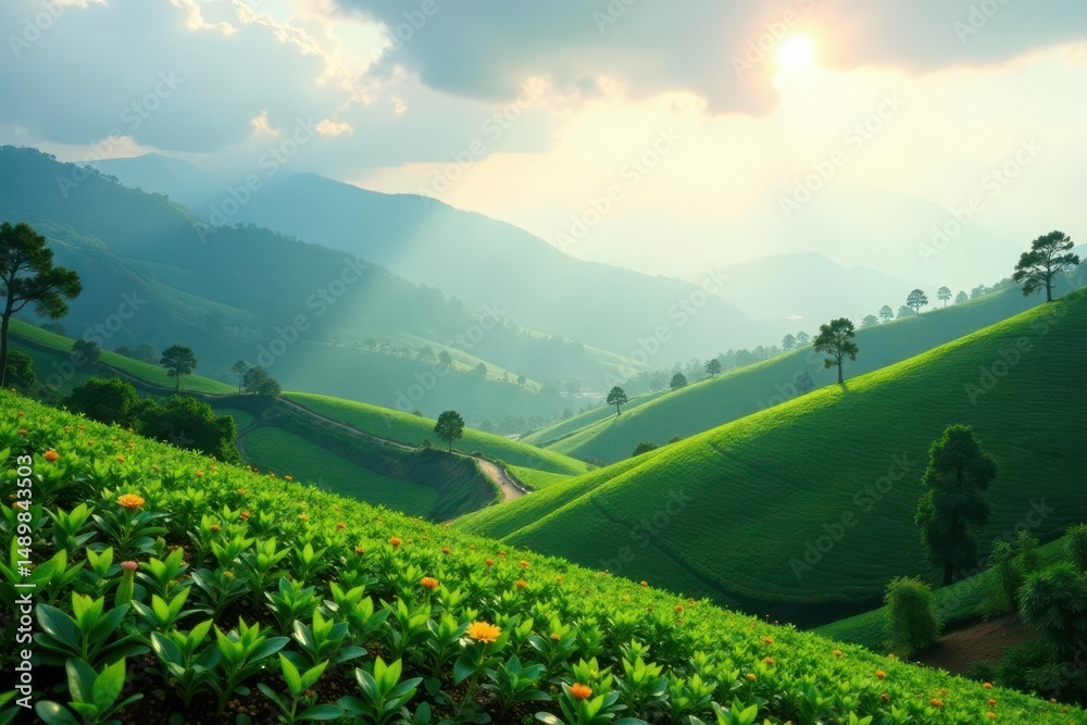 Obraz premium Serene Panorama of Rolling Green Hills and Blossoming Meadows Under a Sunlit Sky