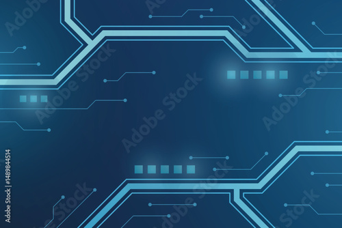 Abstract AI circuit board background. Technology connected blue lines with electronics elements on tech backdrop. Internet network connection, transfer data communication, cyber nano information.