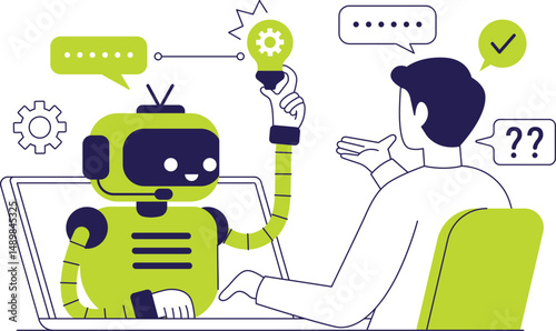 AI technology concept. Character using artificial intelligence assistant tool, chatbot for daily tasks, searching, answering questions. Vector illustration.
