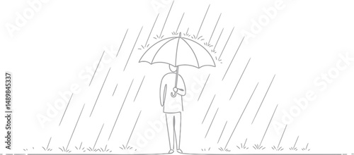 Minimalist Person with Umbrella in Rain
