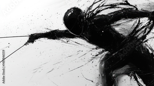 Abstract monochrome figure in dynamic action bold black brushstrokes on white background