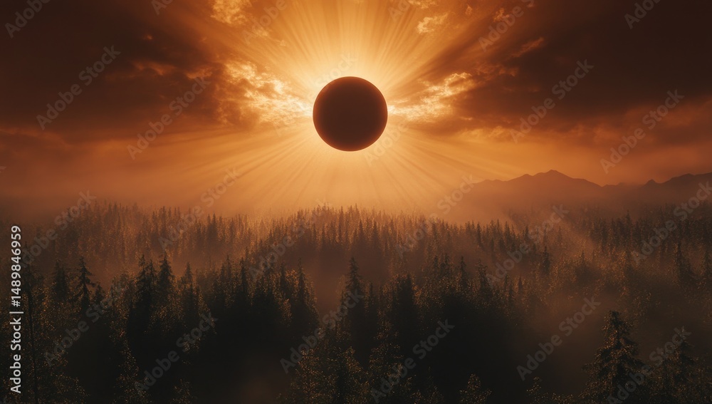 Obraz premium Total Solar Eclipse Over Misty Forest