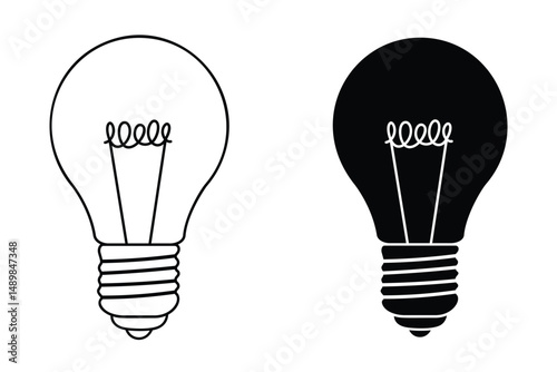 Lamp bulb icon hand drawn set. Outline and black silhouette isolated on white background