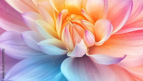 Close-up of a vibrant dahlia flower, showcasing a gradient of pastel colors