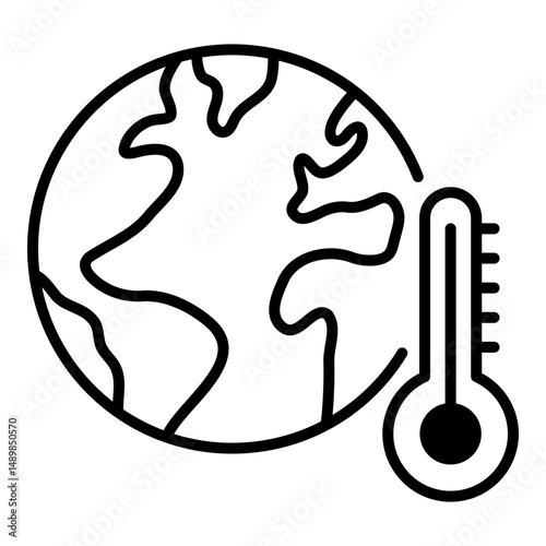 Thermometer and Earth icon, representing global warming and climate change. Symbolizes rising temperatures, environmental issues, and global sustainability