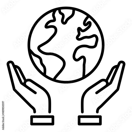 Hands supporting Earth icon, representing environmental care and global responsibility. Symbolizes sustainability, protection, and unity