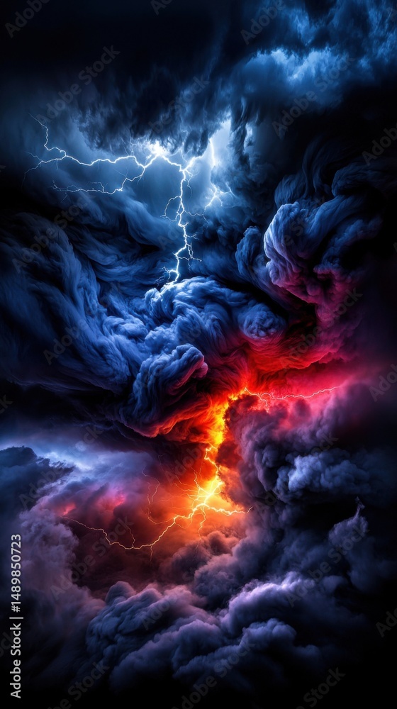 Fototapeta premium A stormy sky with a bright orange lightning bolt
