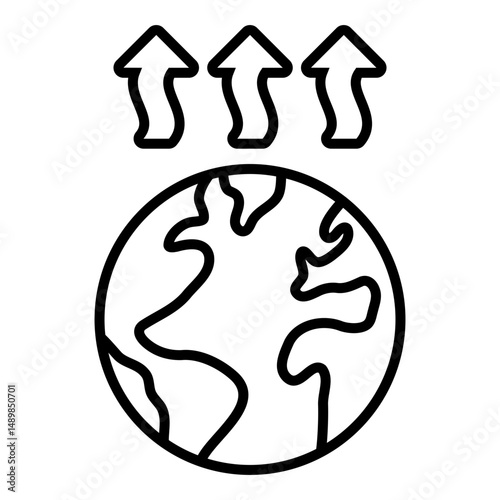 Upwards arrows on top of Earth icon, representing global temperature rise and climate change. Symbolizes environmental impact and global warming