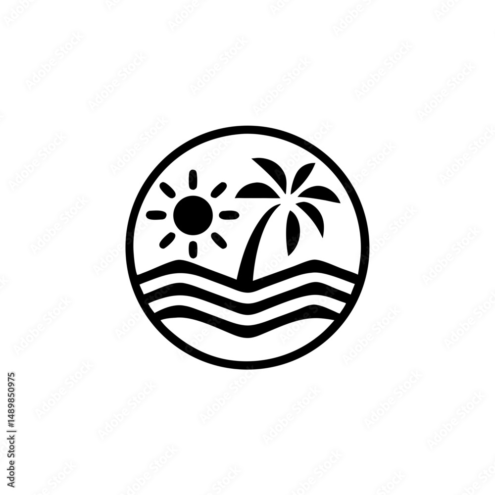 Obraz premium Palm tree, wave, and sun silhouette logo design