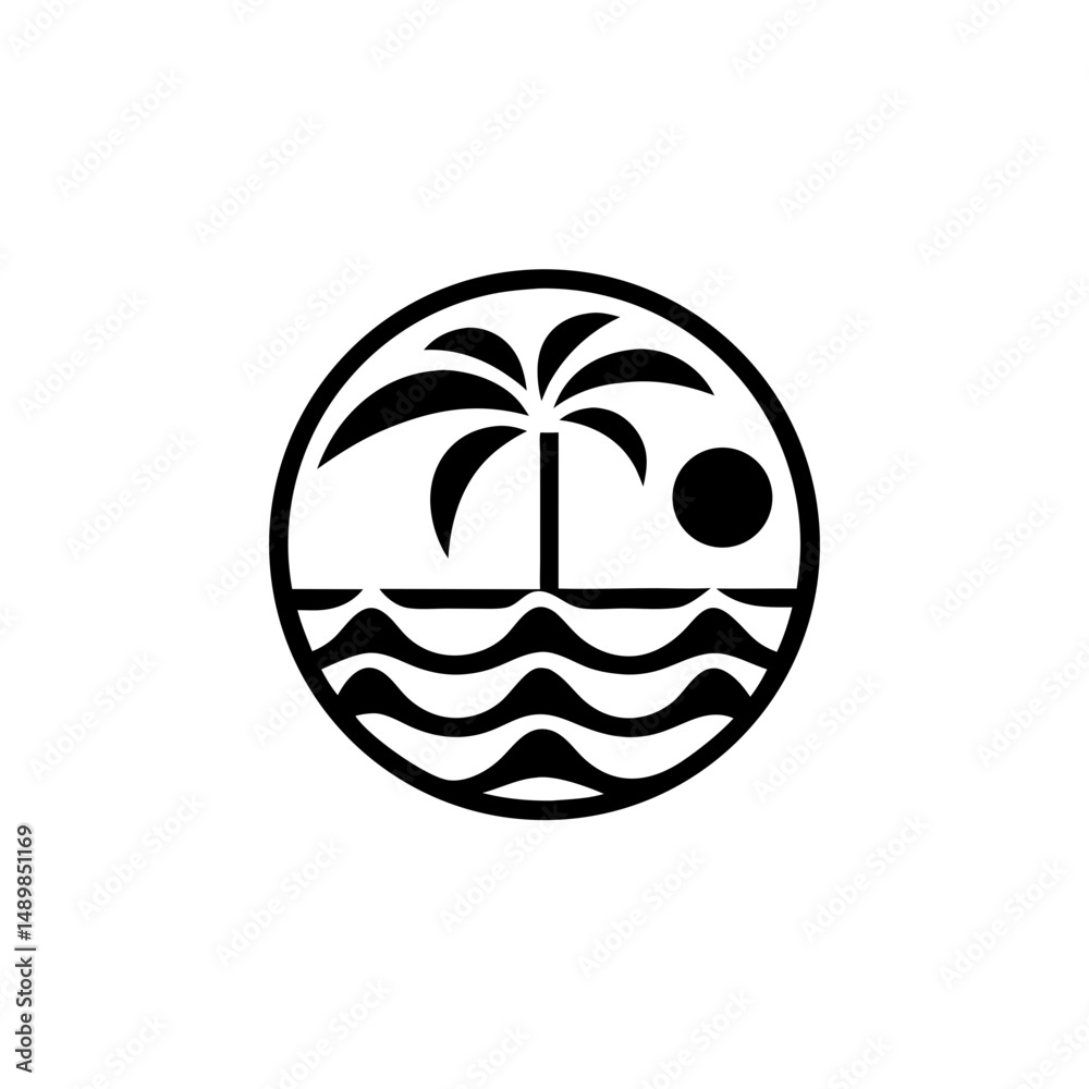 Obraz premium Palm tree, wave, and sun silhouette logo design