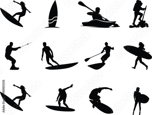 A set of silhouette of a woman in a kayak