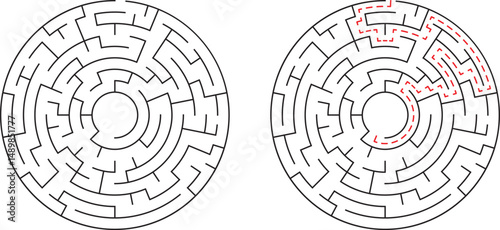 Two circular mazes one solved with red dotted path illustrating solutions and challenges