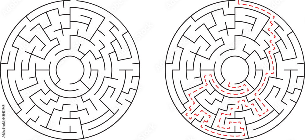 Obraz premium Two circular mazes one with solution path clearly marked in red dashed lines