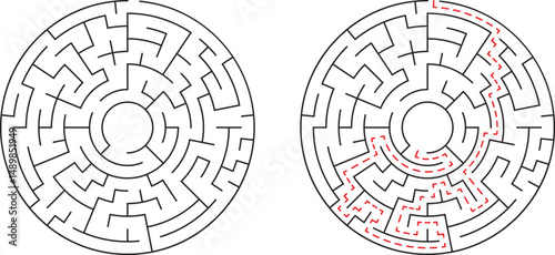 Two circular mazes one with solution path clearly marked in red dashed lines