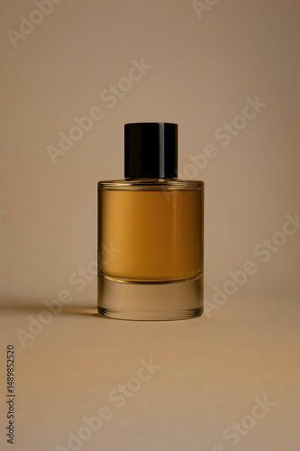 Amber glass perfume bottle on warm beige background. Luxury fragrance concept.