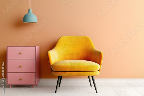 Stylish yellow chair in cozy living room modern interior design soft lighting minimalist aesthetic