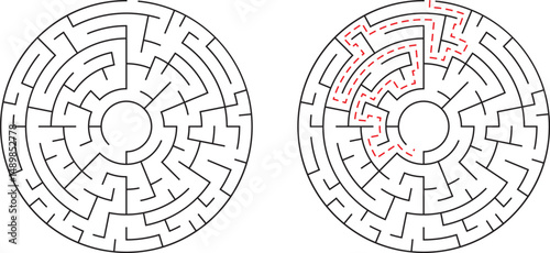 Circular labyrinth illustration with solution path concept showing strategy and problem solving