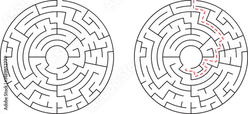 Circular maze illustration showing complexity and the marked route to the destination