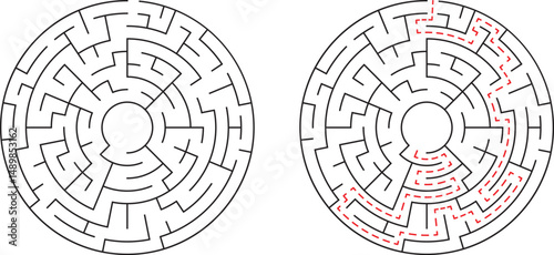 Challenging circular maze design with a solved path depicting the correct solution