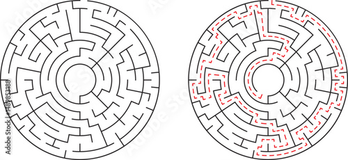 A challenging circular maze depicting problem solving with marked path and solution