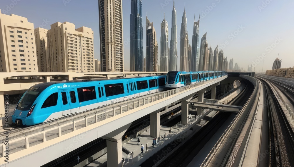 Naklejka premium Dubai Tram and Skyline: Modern Urban Transportation