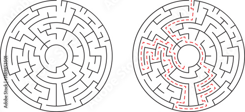 Circular labyrinth with solution route demonstrating problem solving and strategic path finding