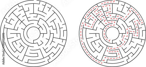 Circular maze illustration featuring solution path in red color conceptual problem solving design