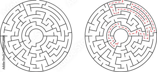 Circular maze illustration depicting complexity problem solving and solution finding journey