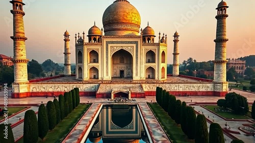 Iconic Taj Mahal at Sunset with Symmetrical Garden View and Golden Light