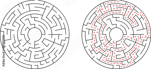 Circular maze illustration featuring solution path with red dotted lines for problem solving concepts