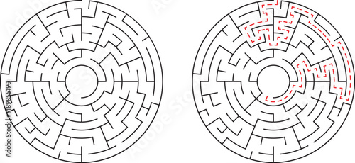Circular maze illustration demonstrating solution path with red dotted lines in isolated white background