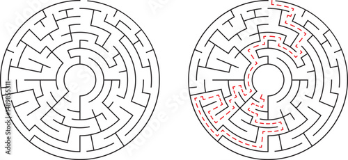 Circular maze with solved path illustration for business concept problem solving solutions
