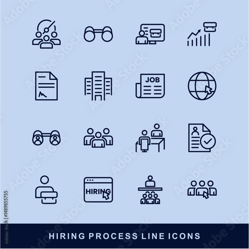 Hiring Process Line Icons. Recruitment, Job Application, Interview, Candidate Selection Vector Set