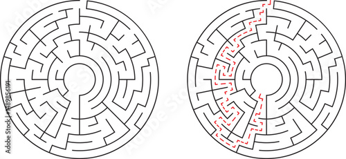 Circular maze illustration with two variations featuring unsolved and solved maze pathways