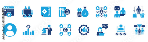 Business company management icon set. Contains symbol of businessman, target, finance, lunchtime, success, hierarchy, data, reward, work, money, employee, task, shop, meeting, job. Vector illustration