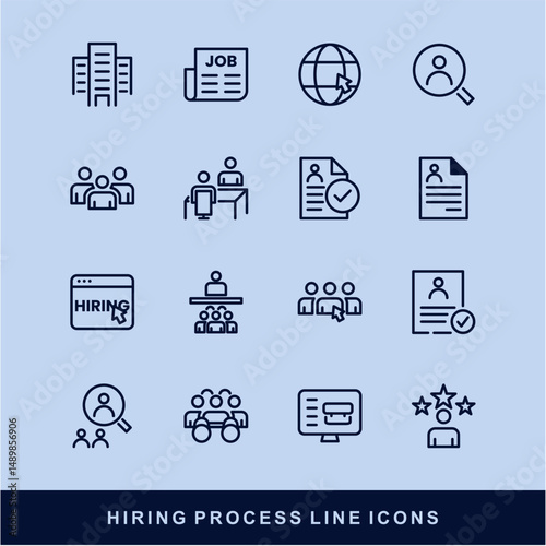 Hiring Process Line Icons. Recruitment, Job Application, Interview, Candidate Selection Vector Set