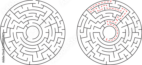 Circular maze with and without solved path demonstrating solution finding and problem solving
