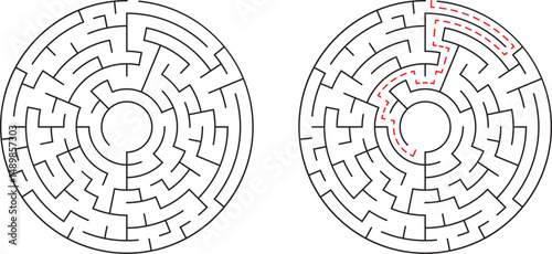 Two circular mazes one solved showing a path representing solution and problem solving