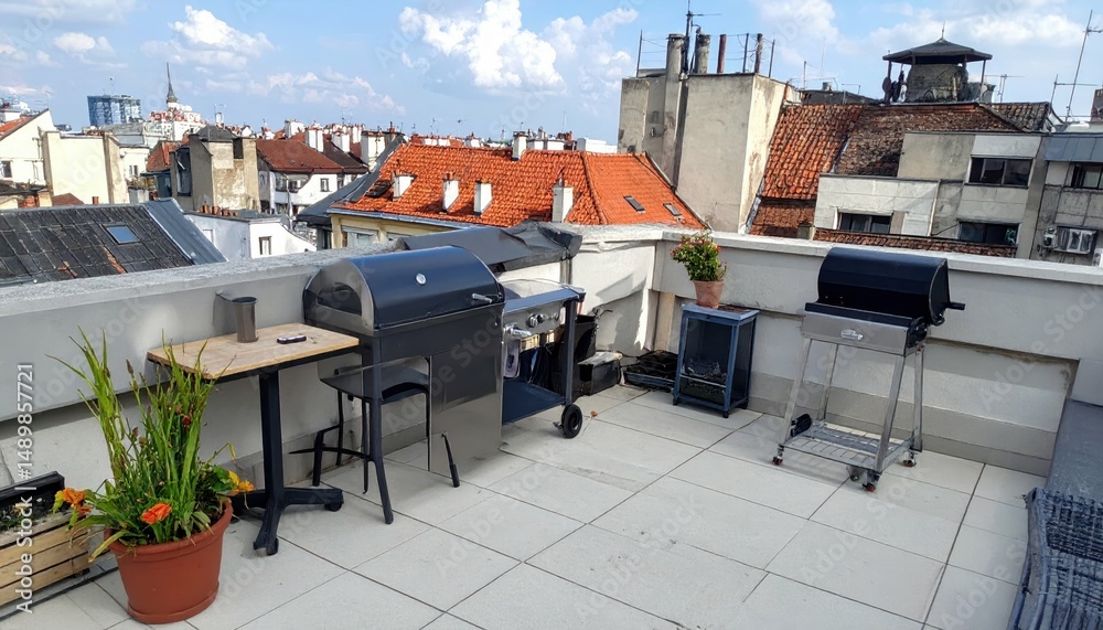 Naklejka premium Cozy Rooftop Barbecue Setup for Outdoor Leisure and Social Events