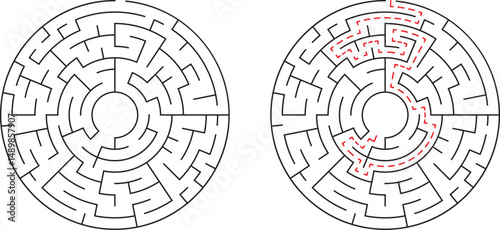 Two circular mazes one unsolved and one showing the correct solution path in red