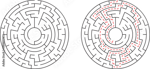 Complex circular labyrinth with path showing solution on white background
