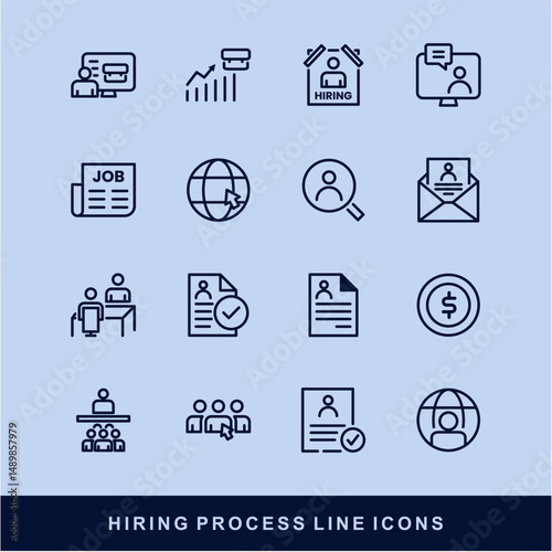 Hiring Process Line Icons. Recruitment, Job Application, Interview, Candidate Selection Vector Set