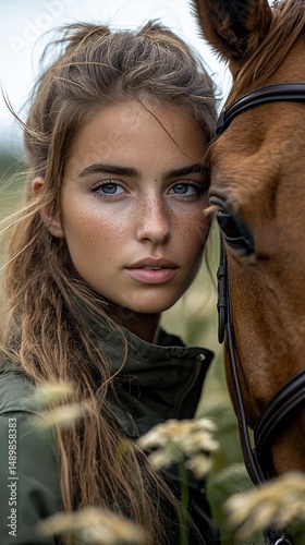 Close-up portrait of a young woman with freckles, light brown hair, and blue eyes, leaning against a brown horse.  The setting appears to be outdoors in a field